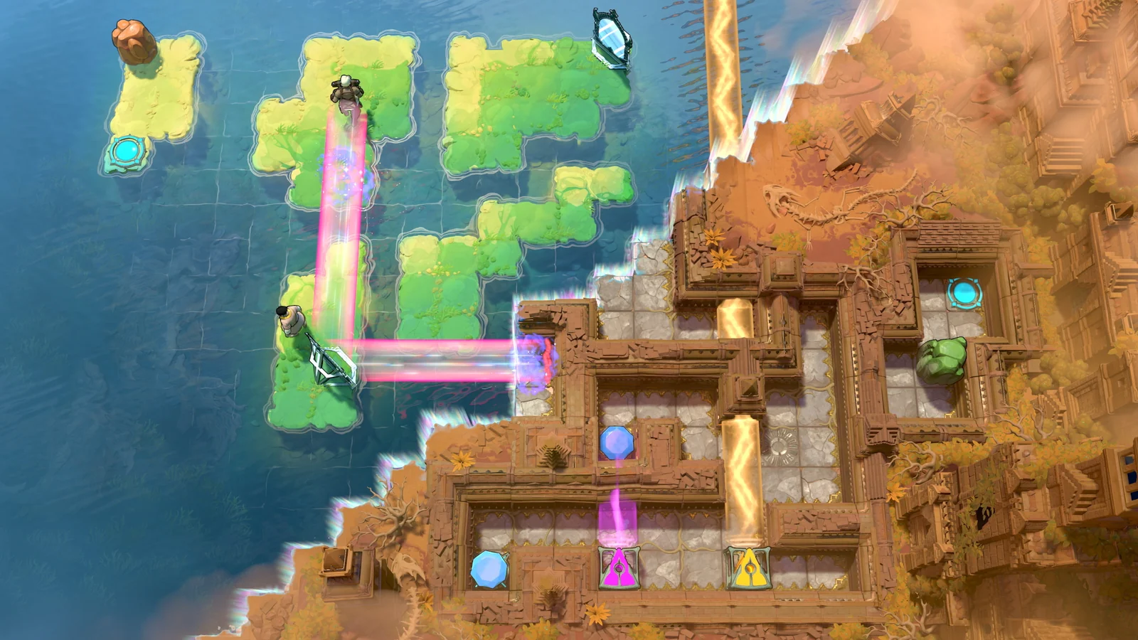 Mirrors, colored beams, gems, and characters sharing a mixed puzzle across islands