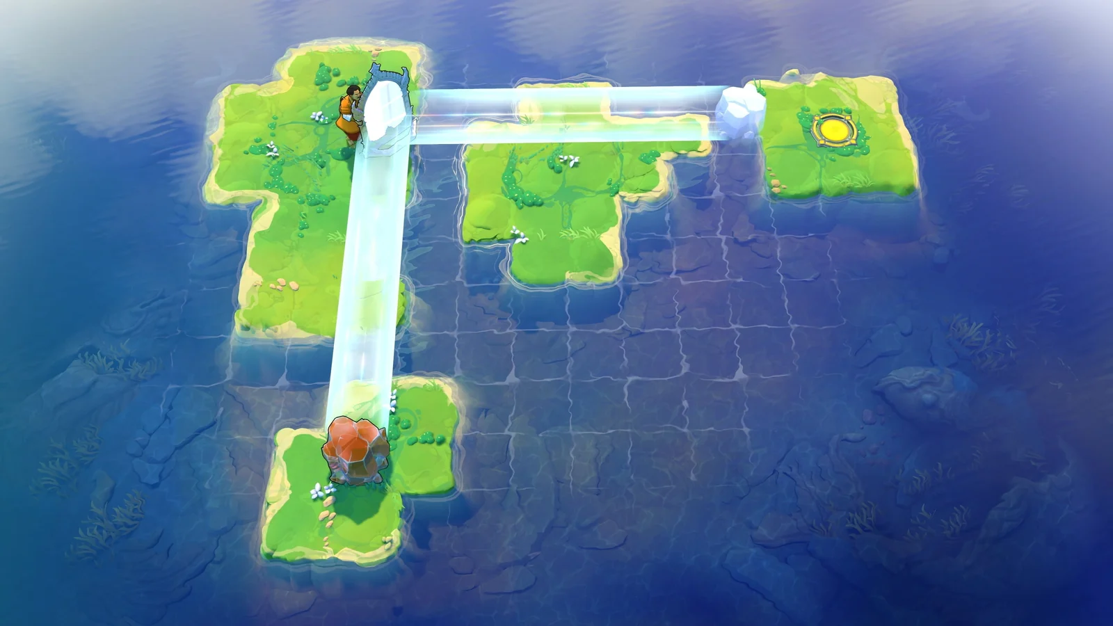The Trader beside one mirror, with another mirror and a yellow goal across grassy islands