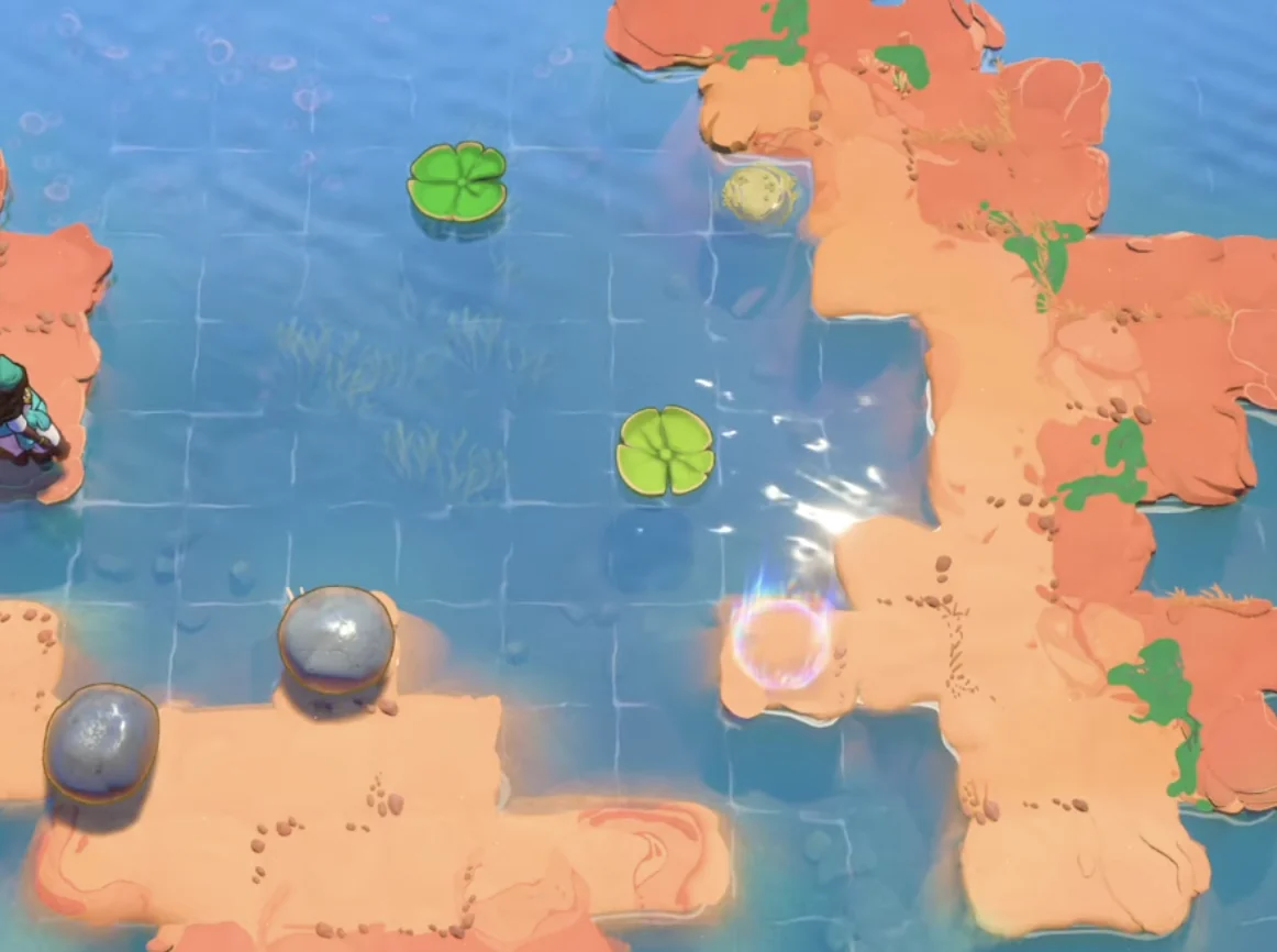 Stones and lily pads in a Skipping Stones puzzle beside a checkpoint glow