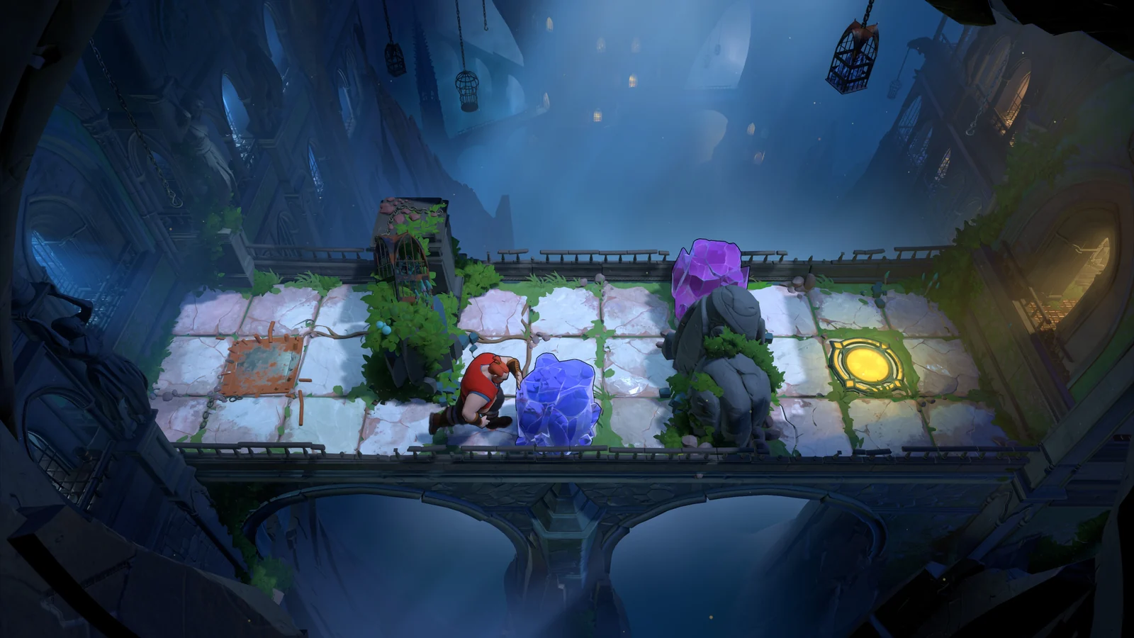 The Warrior beside a blue crystal on a narrow snowy platform
