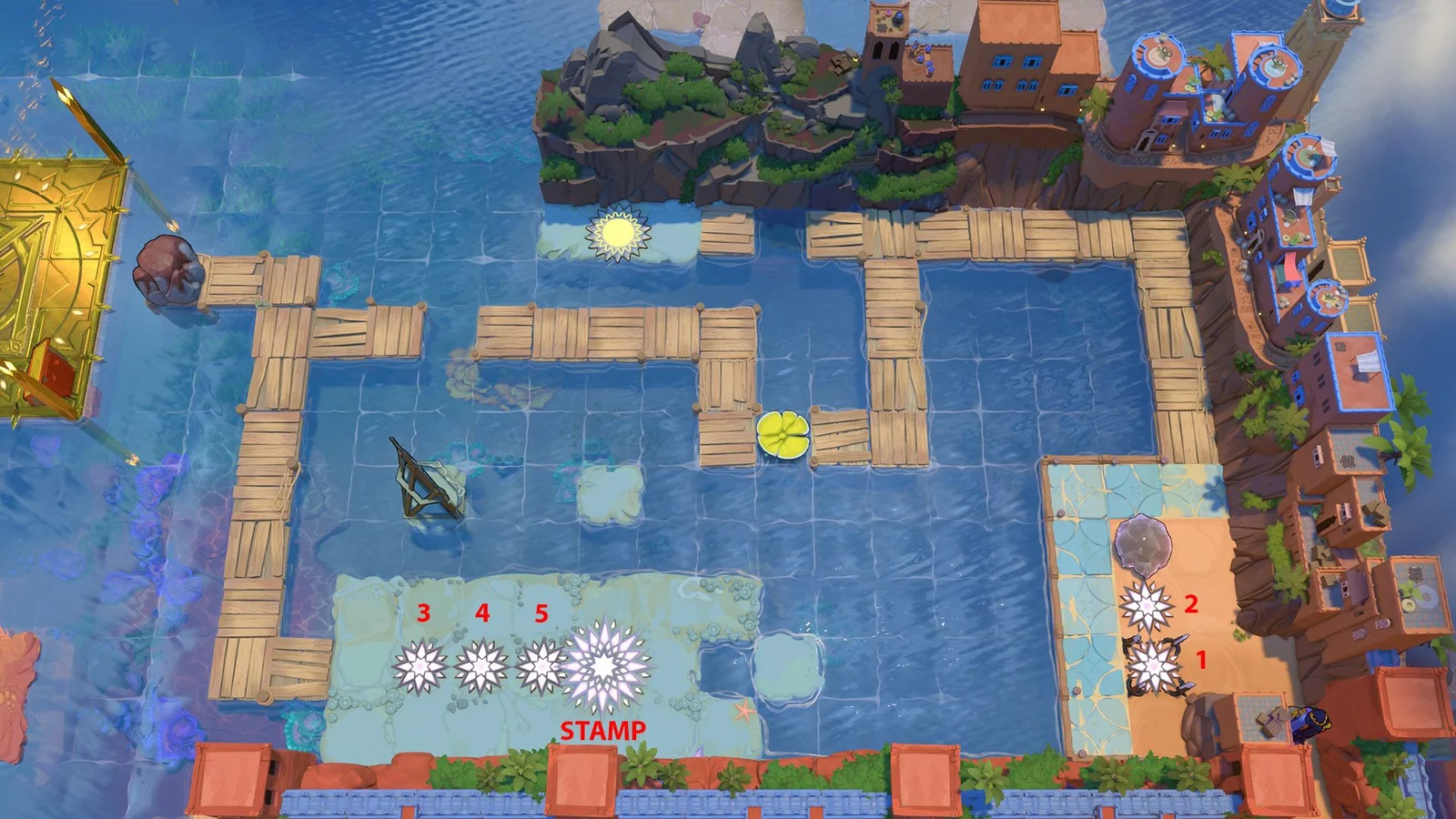 The Mirrors and Stones Part 4 overworld with five numbered puzzle entrances and a stamp entrance