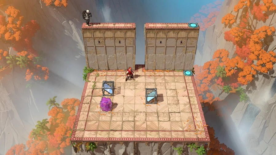 Trader beside open grid tiles, two mirrors, and a purple crystal