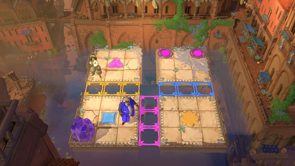 A blue-robed Wizard and another hero on a grid with a purple crystal, colored buttons, and barriers