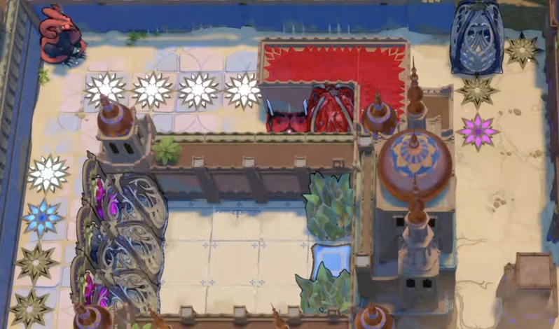 White, cyan and dark star-shaped puzzle entrances on the overworld map