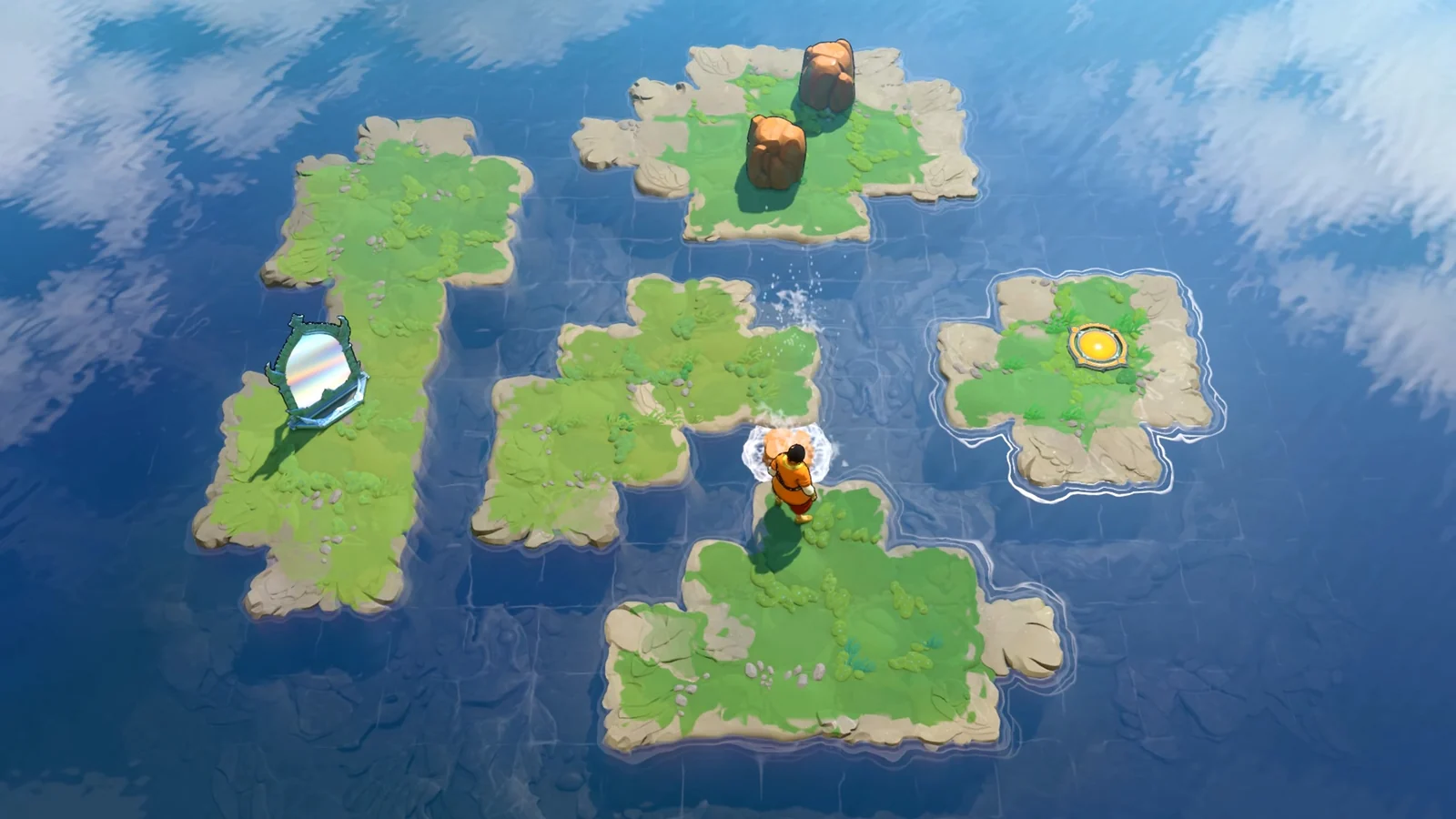 The Trader among grassy islands with two mirrors, orange stones, and a yellow goal circle